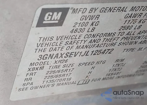 2018 Chevrolet Equinox Lt z USA, uszkodzony, nr VIN 3GNAXSEV1JL125472